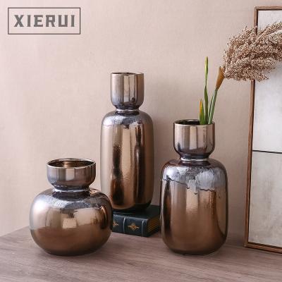 China Modern Nordic Minimalist Ceramic and Porcelain Metal Vases 3 Pcs Colorful Gold For Living Room Home Luxury Art Hotel Decor Single Flower Vase for sale