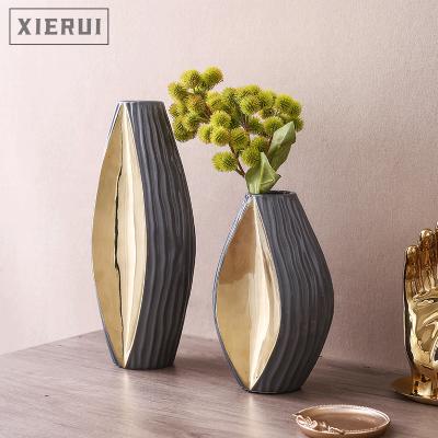 China Gold Ceramic Vase Minimalist Unique Geometric Electroplating Modern Luxury Nordic Textured Ornament For Home Decor for sale