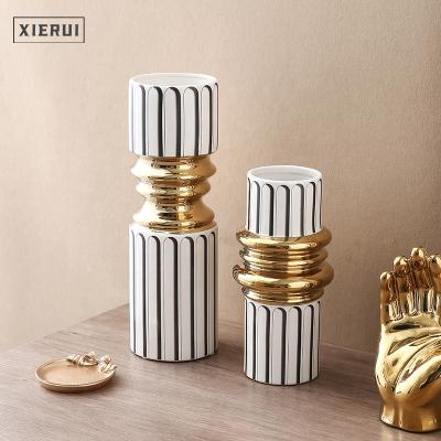 China Nordic Minimalist Modern Luxury Design Ornament Vase Simple Line Arch Cylinder Gold Ceramic Vase For Home Decor for sale