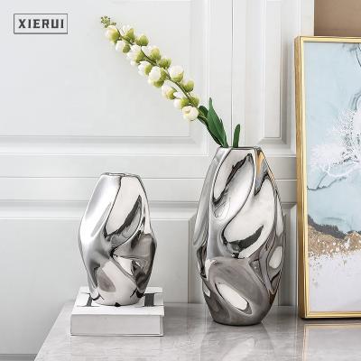 China Nordic large pleated handmade electroplating simple modern minimalist silver flower vases set for hotel home decor ceramic and porcelain vases for sale