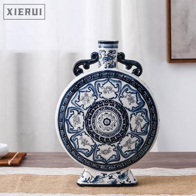 China Traditional Warm Chinese Antique Bud Flat Ceramic Vase Ornaments Luxury Hand Painted Binaural Blue and White Amazon Porcelain for Home Decor for sale