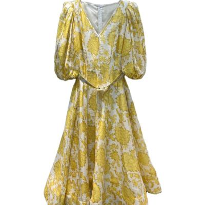 China Breathable Pastoral Fresh Broken V-Neckline Bubble Flower Long Sleeve Vacation Canvas Dress for sale