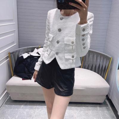 China Yeokou Anti-Shrink Women's Fashion Cropped Flannel Wool Blend Shacket Plaid Long Sleeve Button Down Jackets Coat Woven Tweed Jacket for sale