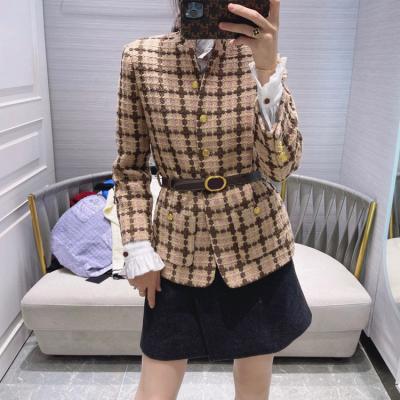 China Bankeng Anti-Shrink Women's Wool Blend Plaid Casual Button Down Long Sleeve Multi-pocket Jacket Coat Plaid Tweed Coat for sale