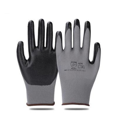 China Safety work gloves Nylon And Spandex Knit Water Resistant Durable Black Nitrile Palm Coated Industrial Work Gloves for sale