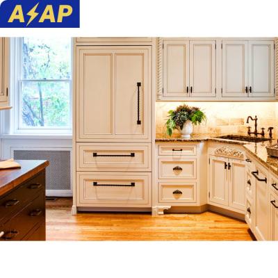 China Durable ASAP traditional antique white home furniture design small kitchen flat inset cabinets Luxury Farmhouse Custom Stained Island Sh for sale