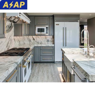 China Durable ASAP Modern Plywood Design Kitchen Cabinets Veneer Finish Australia Modern Marble Waterfall Island Wood Veneer Kitchen Cabinets for sale