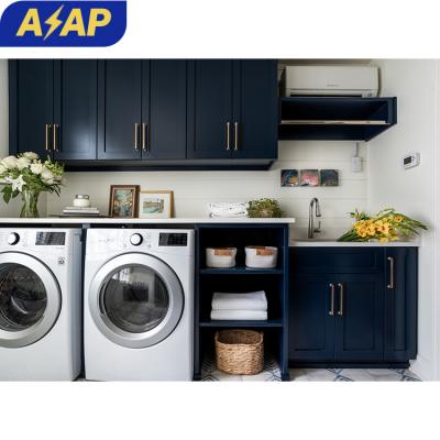 China Durable ASAP  sink cabinet laundry drying cabinet Modern house apartment bathroom lacquer shaker blue wooden cabinets design for sale