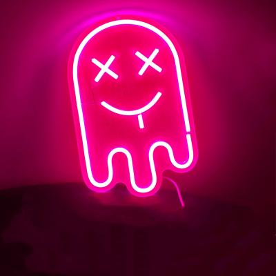 China Buildings Custom Modeling Decoration Pink White LED Neon Sign 12V Acrylic Indoor Or Outdoor Bar Party Halloween Grin Light for sale