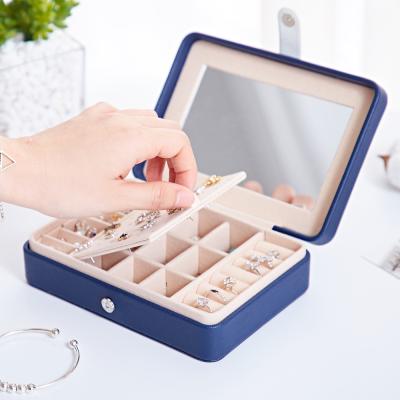 China Blue Jewelery Organizer Display Organizer with Mirror Portable Zipper Travel Jewelry Box Show Cases PU Leather Filter Jewelry Storage Boxes for sale