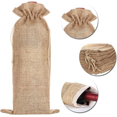 China Customized High Quality Burlap Wine Carrier 10 Pieces Single Bottle Wine Jute Sack Covers Drawstring Bags for sale