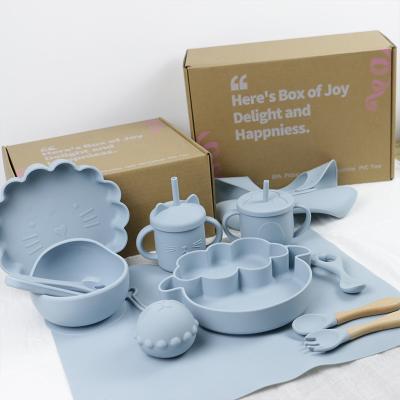 China Moderner Stil Silikonspeise Set, BPA-freies Baby Silikon Teller Schüssel Tasse Schüssel Löffel Gabel Fütterung Set zu verkaufen