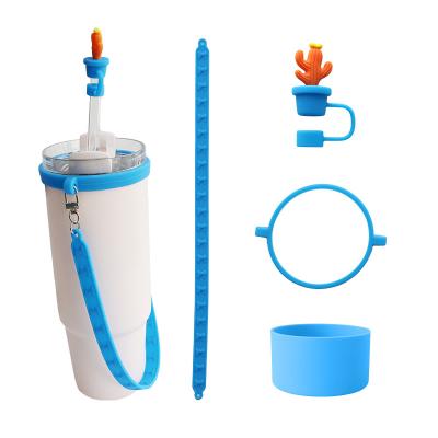 China Custom Silicone Bottle Accessories for Bottle Mug Tumblers Gift of 4 Silicone Straw Toppers and Silicone Strap for sale