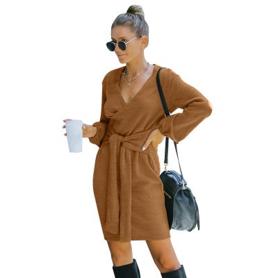 China Hot Selling Autumn Knitwear Dress Women Amazon Long Sleeve V-Neck Long Sleeve Wrap Belted Sweater Dress for sale