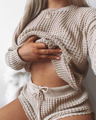 China Breathable Breathable Knit Women's Sweater Set Custom Logo Sweater Woman Custom Crop Top Shorts Pants Two Piece Set 2 Piece Set for sale