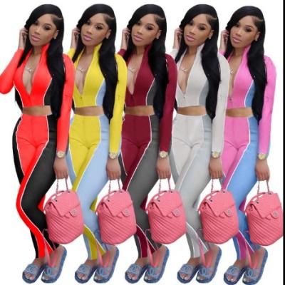 China New 2019 Long Sleeve Sport Anti-Pilling Two-piece Side Striped Zippers For Ladies Solid Color Women's Clothing Suit Sports Two-piece Zipper for sale