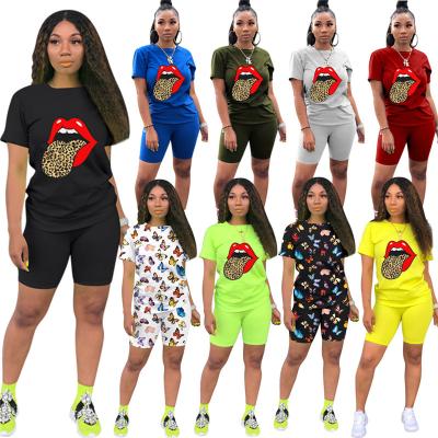 China QUICK DRY Fashion Leopard Lip Print Short Sleeve Plus Size T-Shirts Shorts Jogger Set Sports Tracksuit Sweatsuit Teams Women Two Piece for sale