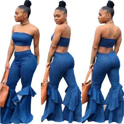 China Viable Viable Off The Shoulder Denim Crop Top And Jeans Stylish Blue Culotte Suit Plus Size Two Piece Set Women Lattice Dress Women Two Piece Set for sale