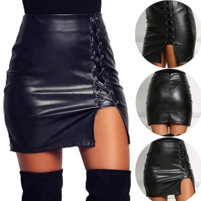 China Wholesale Plus Size Plus Size Lace Bandage PU Leather Mini Skirts Summer Women Bbodycon Short Wrap Skinny Black Zipper Skirt for sale