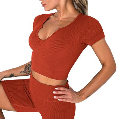 China New Antibacterial European Yoga Shorts Sleeve Solid Color Fitness Seamless Yoga Top for sale