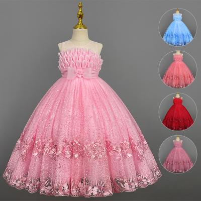 China Breathable Elegant Flower Embroidery Princess Lace Dress Kids Dresses For Girls Vintage Children Dresses For Christmas Party Red Ball Gown for sale