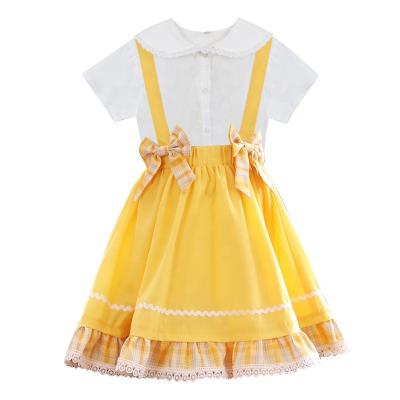 China Summer Breathable Yellow Bowknot Skirt Plaid Skirt Design Cute Kids Wear Daily Party Wear Girls School Dress for sale