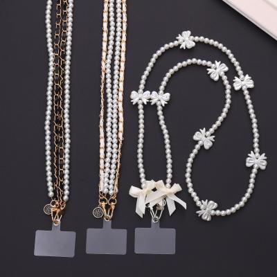 China Pearl Phone Lanyard Butterfly Tie Double Lanyer Luxury Eco-friendly Neck Band Designer Cell Phone Strap Portable Accessories for sale