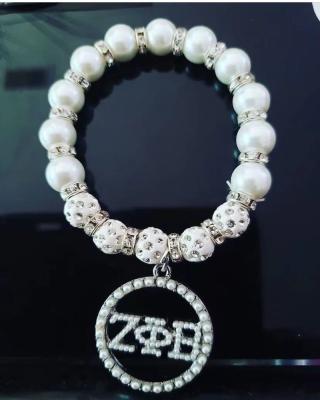 China Other Customized Crystal Stone Beaded Greek Letters Elegant Stretch Pearl Sisterhood ZPB Blue White Imitation Bracelets for sale