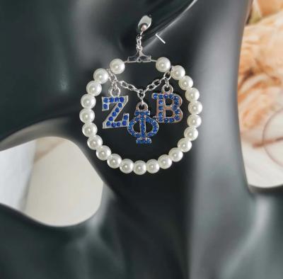 China Series Pearl Sister Letter White Blue Rhinestone Cute Custom Large Greek Letter Pendant Earrings ZOB for sale