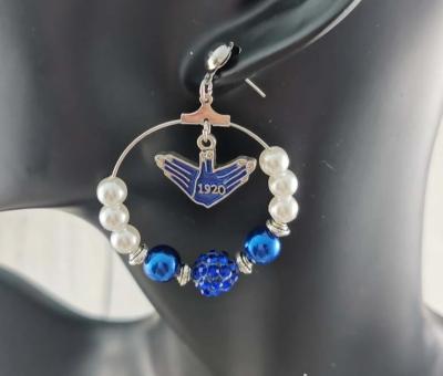 China Cute Custom Gamma Rho Sigma ZOB Greek Letter Charms White Blue Pearl ETP (Export Transfer Prices) Soror Shield Round Dangle Earrings for sale