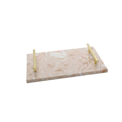 China Eco-friendly Wholesale Modern Luxury Marble Gold Food Serving Tray Home Decor With Handles for sale