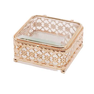 China Luxury Decor Jewelry Travel Case Organizer Small Travel Jewelry Crate Gold Silver Glass Gift Box Home Eco-friendly Metal for sale