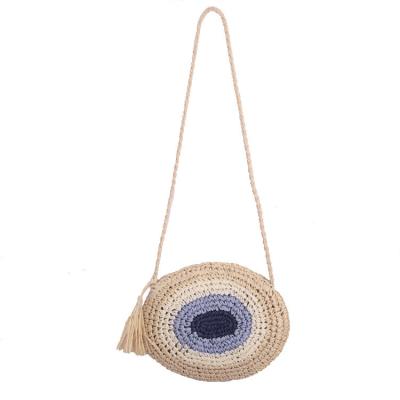 China Simple Round One-shoulder Handle 2021 New Fashion Evil Eye Straw Bag Woven /Beach/Shopping Female Bag for sale