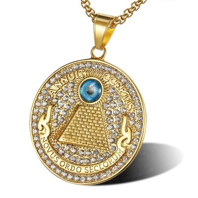 China Stainless Steel Diamond Eye Gold Plated New Hip Hop Hiphop Jewelry Myth of Horus Evil Eye Blue Pendant Necklace for sale