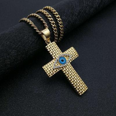 China Myth Jewelry Religious Titanium Steel Steel Color Preserving Gold Plated Diamond Eye Of God Cross Pendant Necklace for sale