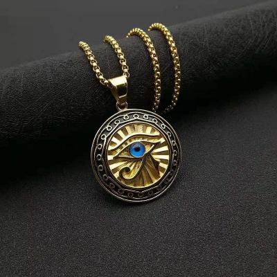 China New Egyptian Myth Eye Of Horus Jewelry Titanium Steel Gold Plated Blue Eye Medal Pendant Necklace for sale