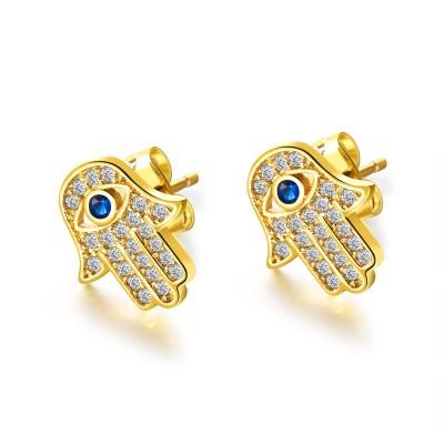 China CLASSIC Fashion Evil Eye Gold Plated Earrings Copper Stud Earrings Diamond Palm Blue Eye Hamsa Earrings for sale