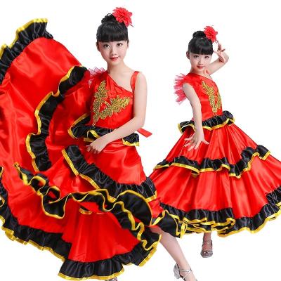 China Red Spanish Ballroom Flamenco Dress Costume Girls Kids Girls Belly Dance Tribal Belly Dress With Flower Kids Flamenco Main Dresses For Girls for sale