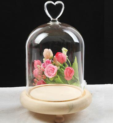 China Folk Art Dome Glass Customized Heart Top Clear Glass Cloche With Wooden Base for sale