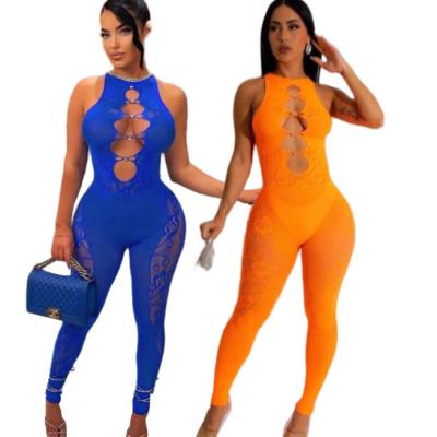 China 2023 Y2K new fashion anti-pilling romper rhinestone diamond lace sleeveless one-piece cavity mesh to see sexy jumpsuit bodycon women for sale