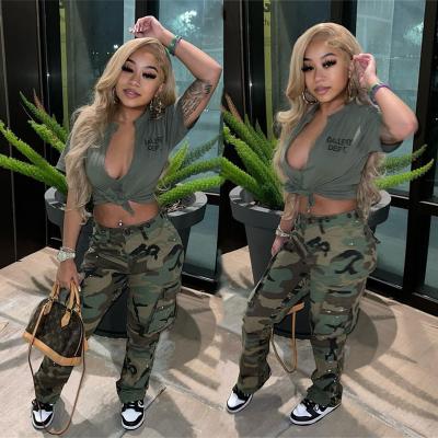 China wholesale Anti-wrinkle DK fashion multi pockets cargo camouflage pants plus size women clothes patchwork baggy jeans camouflage pants women lady for sale