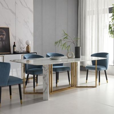 China Modern Modern Style Designs Luxury Glass Dining Room Furniture Table Stainless Steel Legs Marble Top Table And Chair Sets for sale