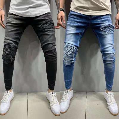 China 2021 QUICK DRY men pleated high quality ripped jeans pencil pants skinny mid waist cotton pants for sale