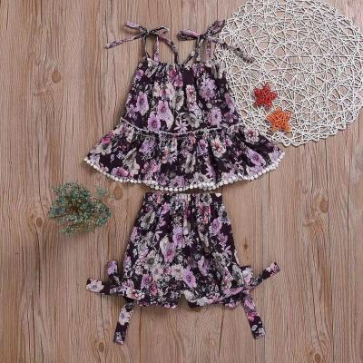 China 2022 new HIGH STREET children's outfit national wind condole belt printing shorts two sets lovely girl children's outfit for sale