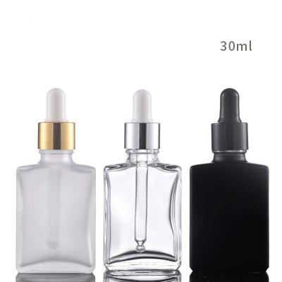 China Business& Shopping 30ml Matte Black Flat Square With Frosted For Essential Oil Skin Care Serums Glass Bottle Clear Dropper Bottle for sale