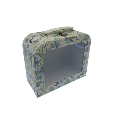 China Handmade Floral Printing Cardboard Paper Box PVC Window Suitcase White Clear Gift Packaging for sale