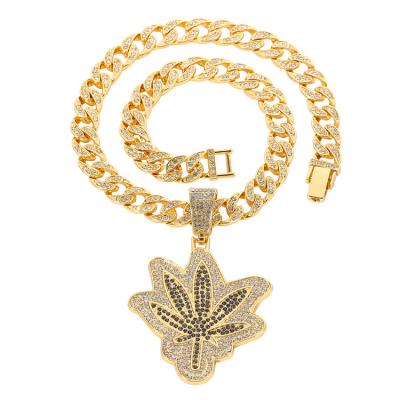 China Durable Hip Hop Iced Out CZ Maple Leaf Necklace Sliver Pendant Gold Plated Cuban Jewelry Gifts For Women Men for sale