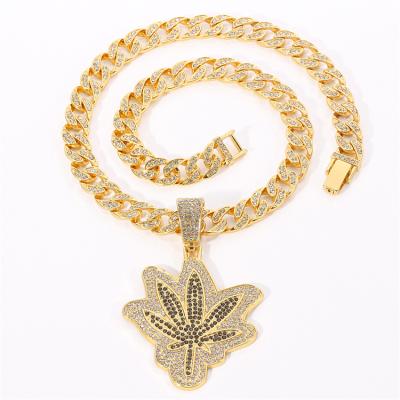 China TRENDY Hip Hop Fashion Iced Out CZ Maple Leaf Pendant Necklace Gold Plated Cuban Jewelry Gifts For Women Men for sale