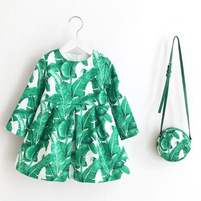 China 2021 New Kids Long Sleeve Print Girl Dress Summer Princess Skirt Imitation linen Fabric + Bag 2 piece One set For 2-7 year for sale