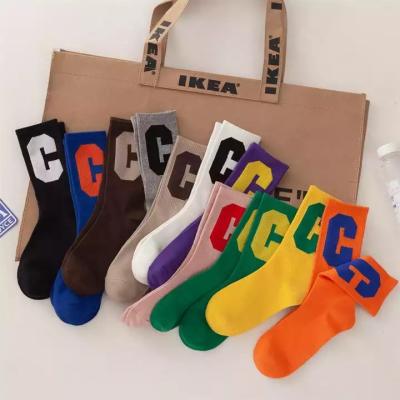 China 2021 Colorful Funny Spandex/Polyester/Cotton Fashion Letter C Design Big Hip Hop Pops Women Novelty Trendy Socks for sale